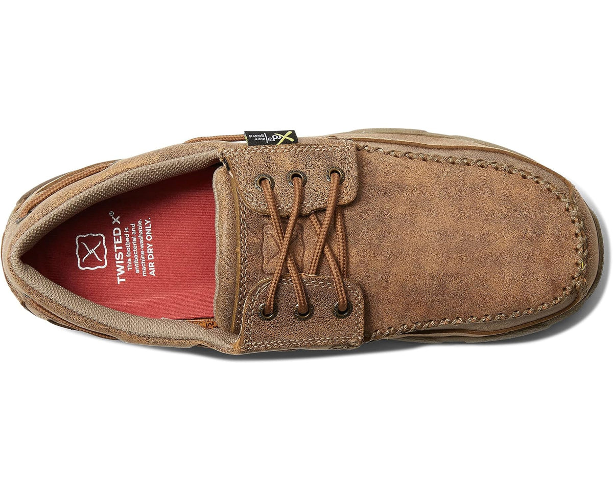 Men's Twisted X work shoe interior, tan suede upper with red logo lining
