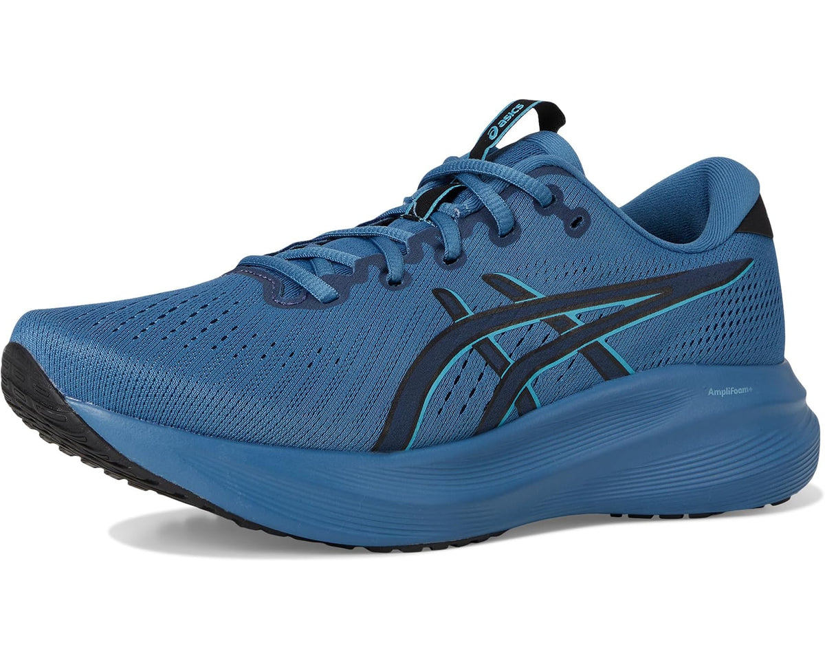 Men's blue running shoe front three-quarter view with black stripe graphic and laces