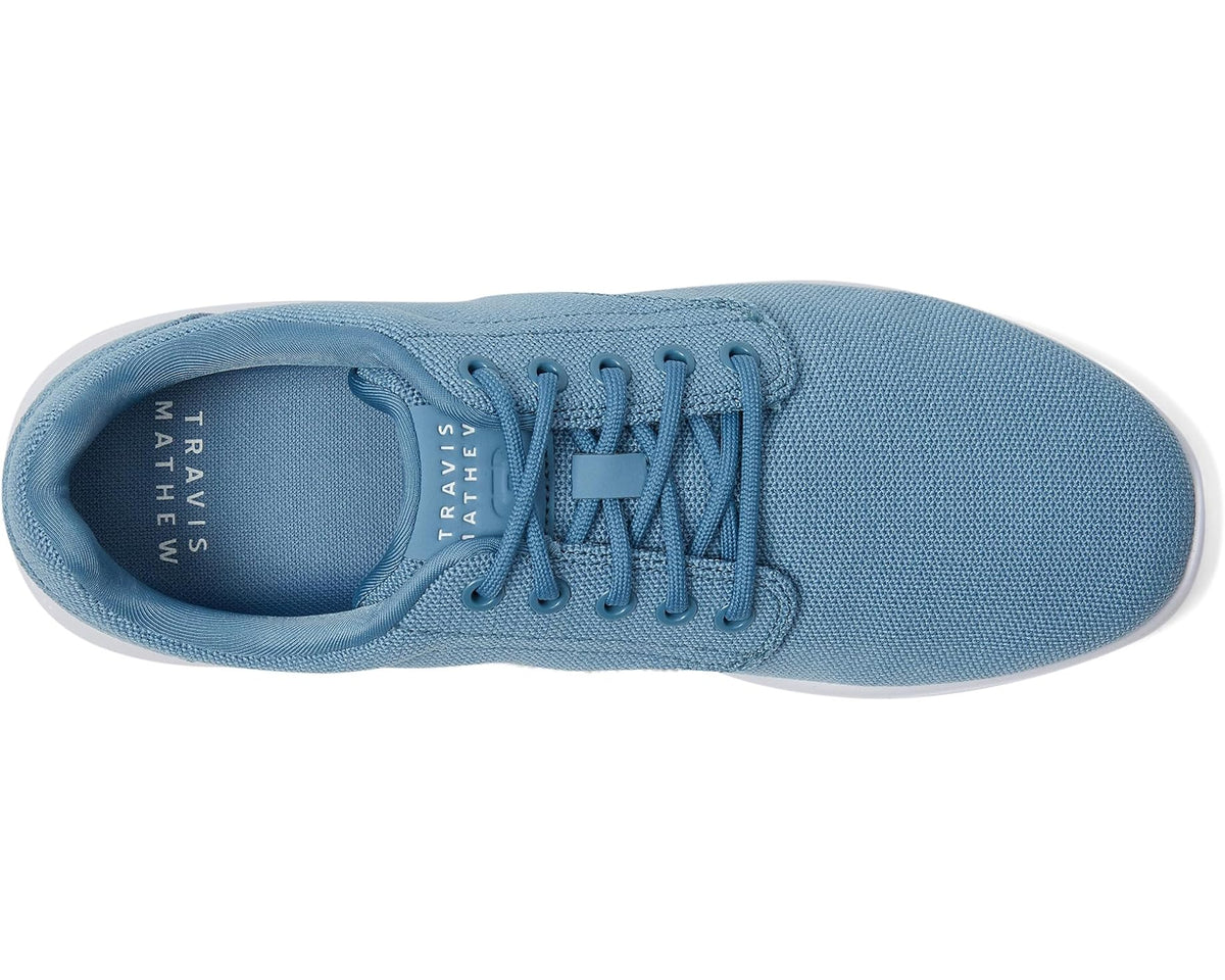 Men's blue knit sneakers, round toe, lace-up; view of interior lining