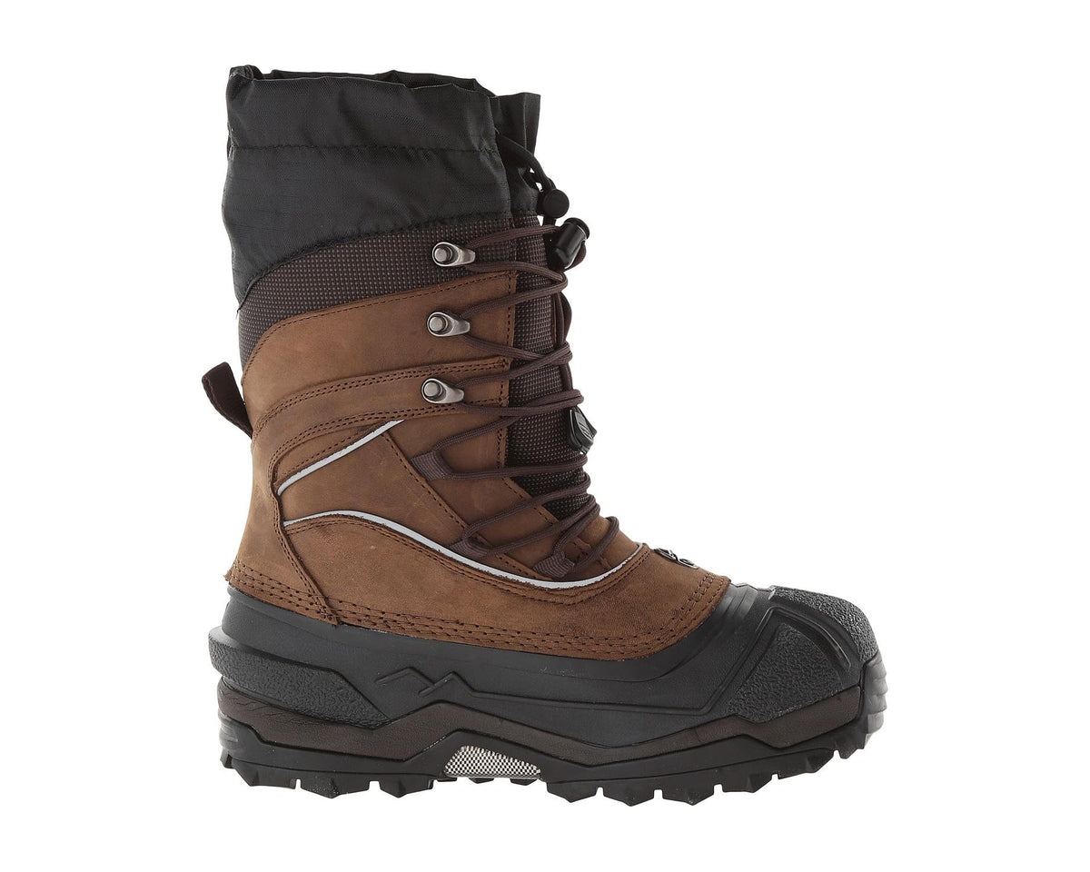 Men's lace-up winter boot, worn brown upper with black cuff and molded toe guard