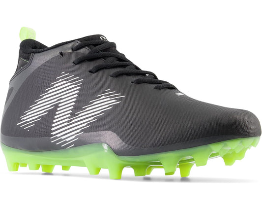 Mid lacrosse cleat in black with neon green studs and outsole, lace-up design