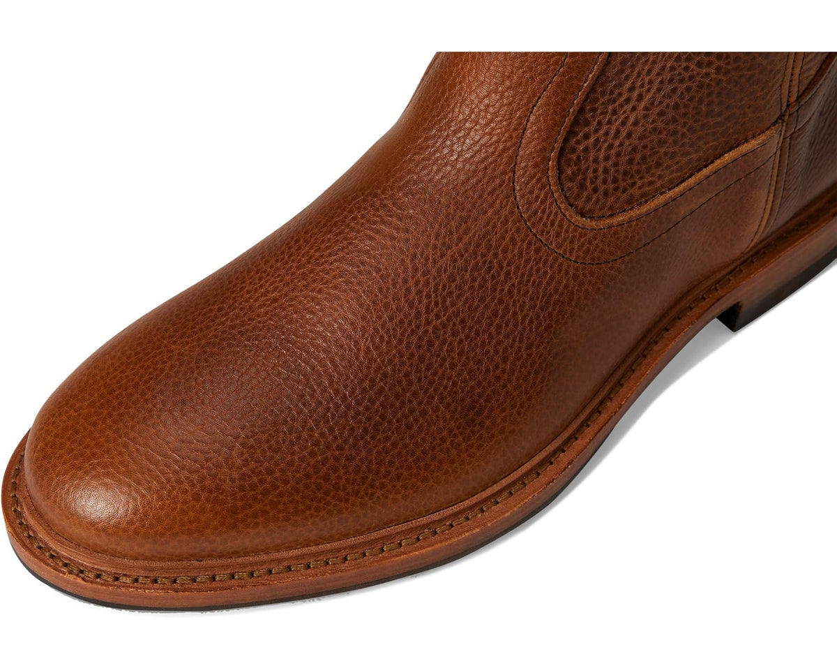Brown leather ankle boot toe and side stitching detail, low profile heel