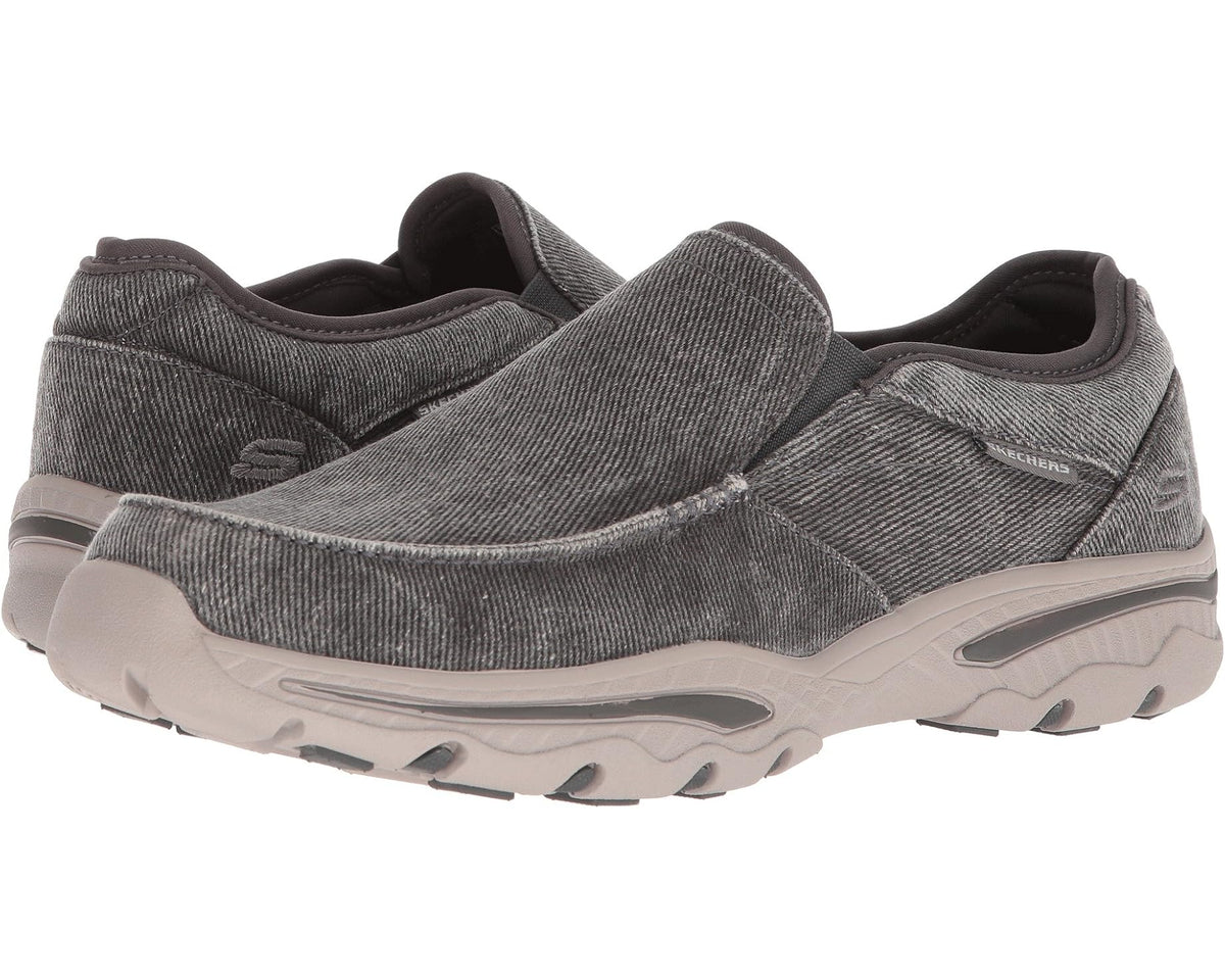SKECHERS men's charcoal knit slip-on sneakers with cushioned sole and side panels