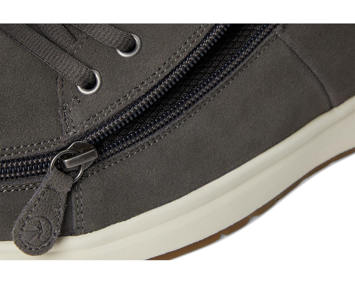 Men's BILLY charcoal suede side zipper close-up with metal pull tab