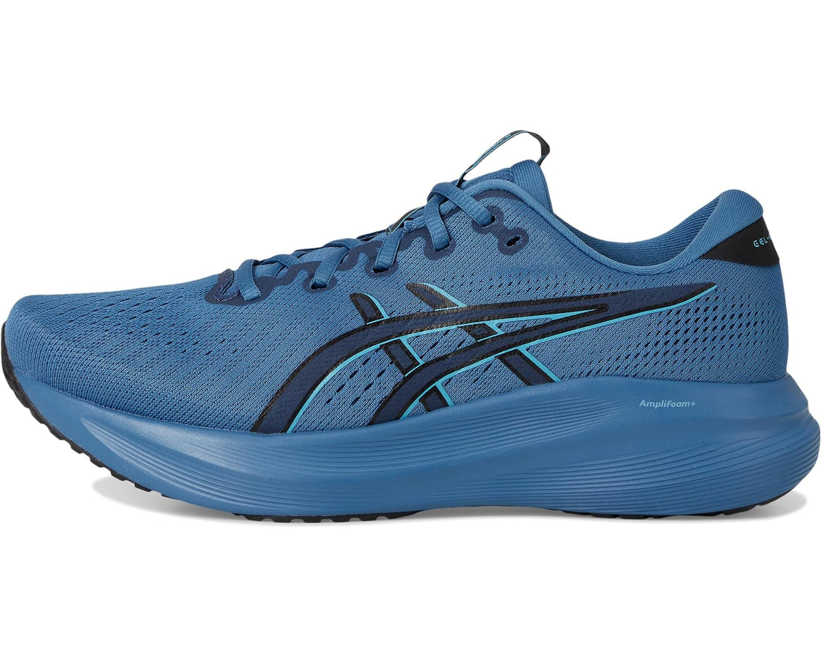 Men's blue running shoe side profile with black stripe graphic, laces, and padded tongue