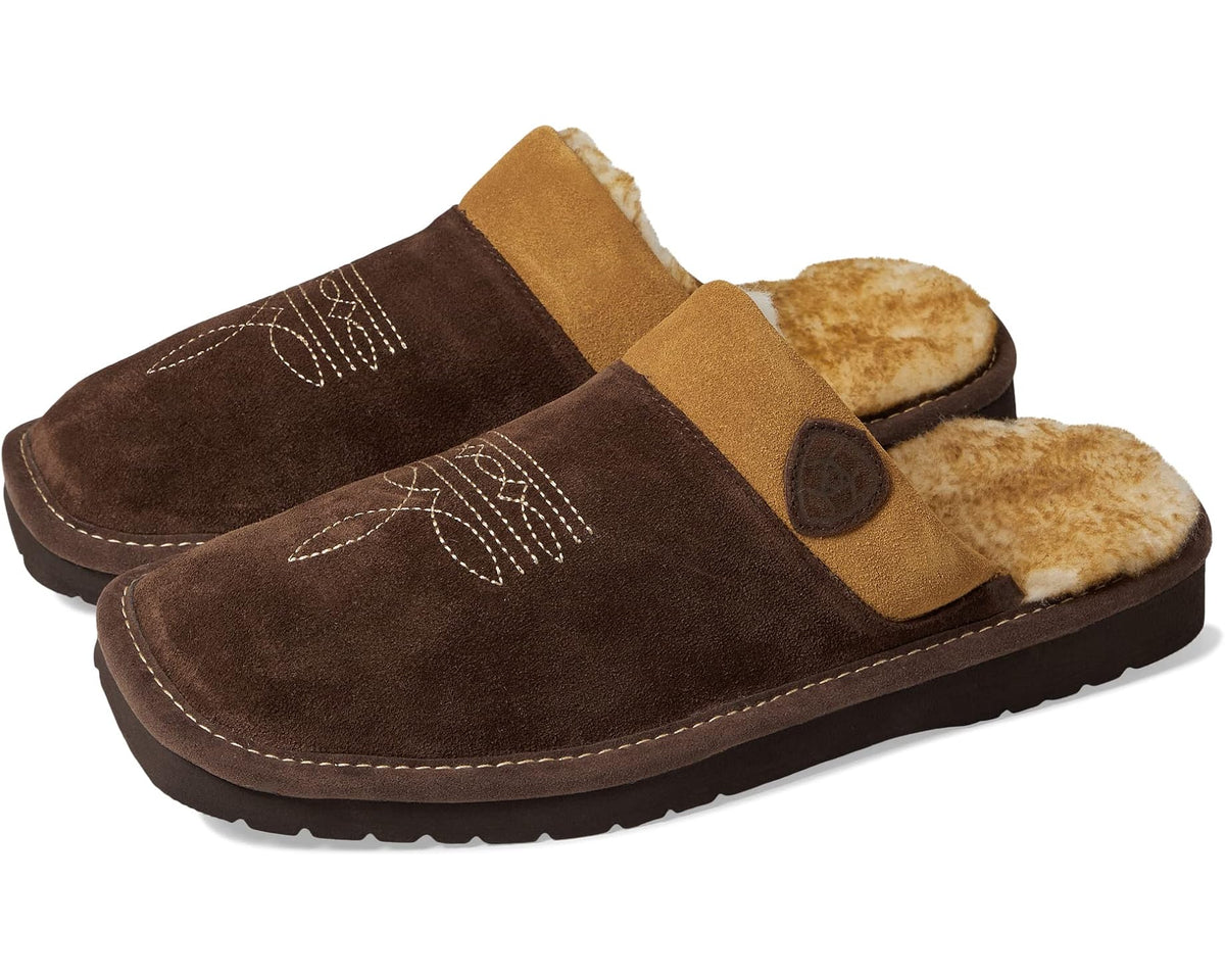 Men's square-toe suede slip-on slippers with chocolate brown upper and tan fur lining