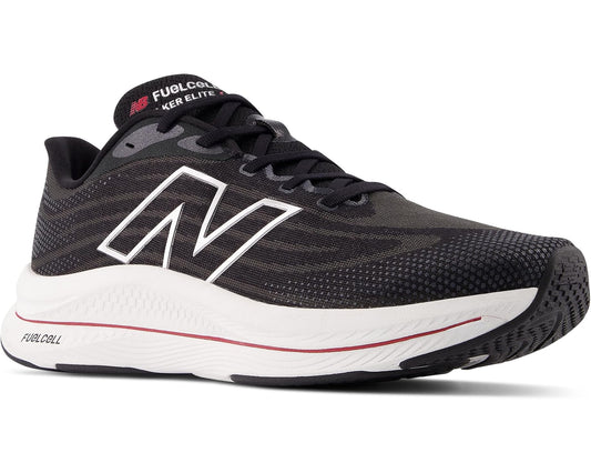 Men's running shoes with black knit upper, white N logo, red accents