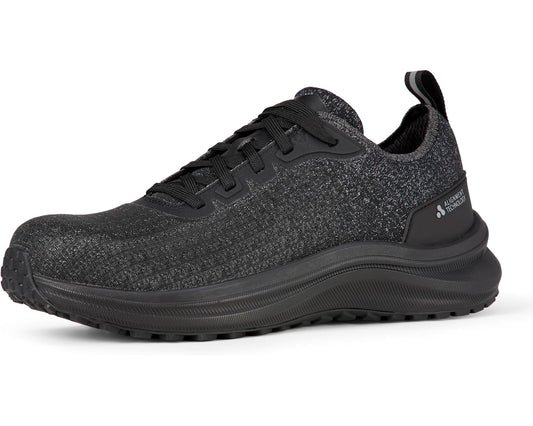 Black lace-up work safety shoes with textured knit upper and cushioned rubber sole