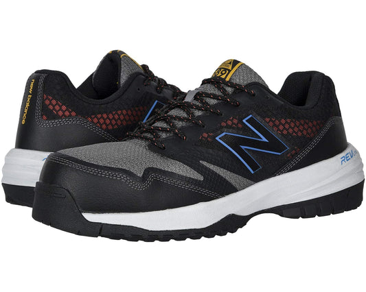 New Balance 589 ESD work sneaker, black with Toro Red accents and blue N logo.