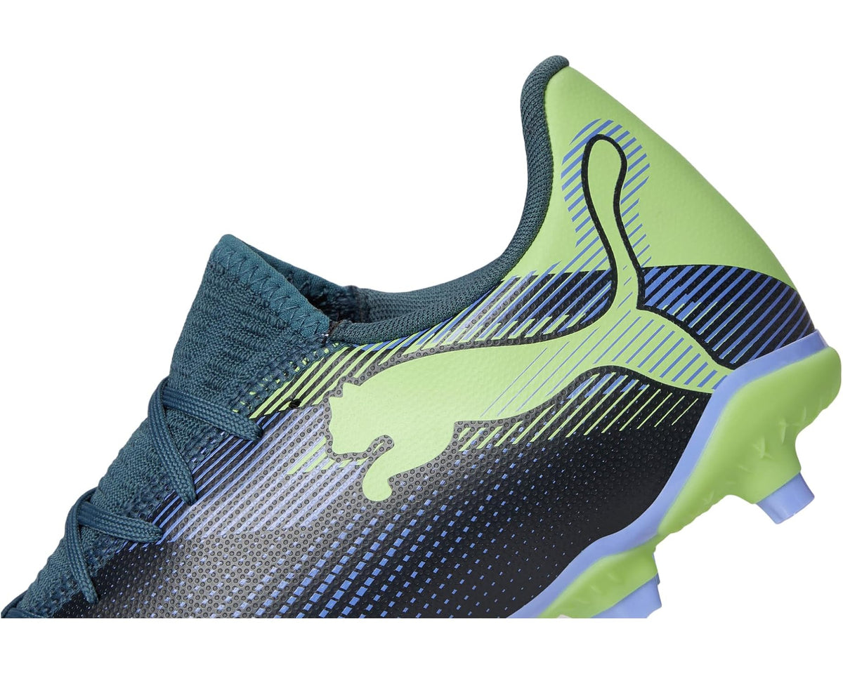 PUMA men's soccer cleats, close-up of knit vamp with neon green heel and laces