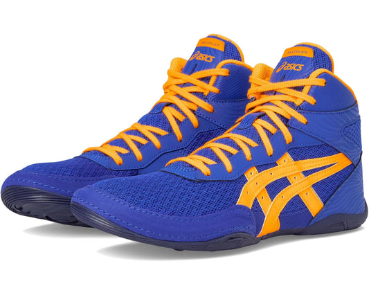 ASICS Matflex 7 high-top shoes in blue with orange lace-up and side stripes