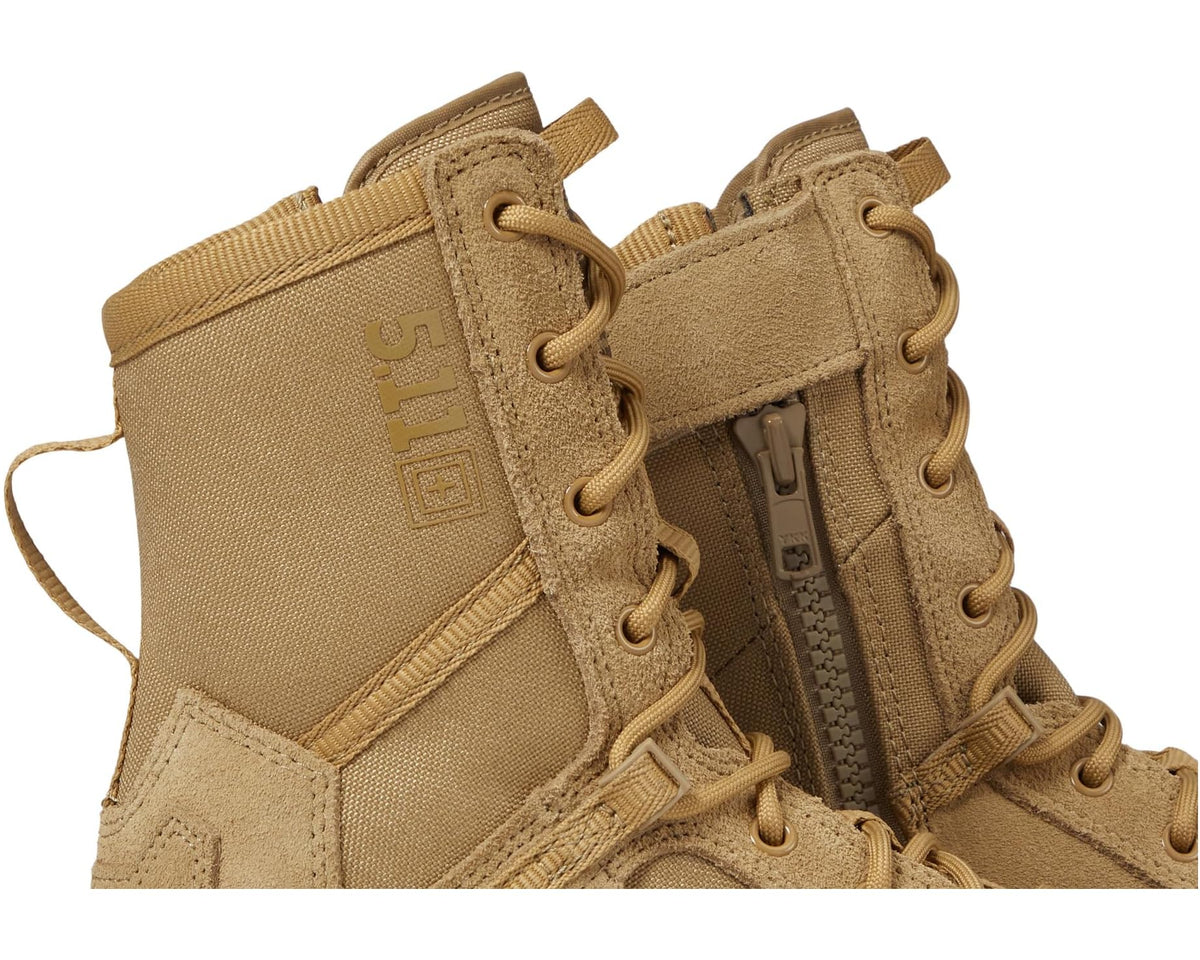 Men's coyote tan tactical boot detail, fabric panels, laces, and zipper hardware