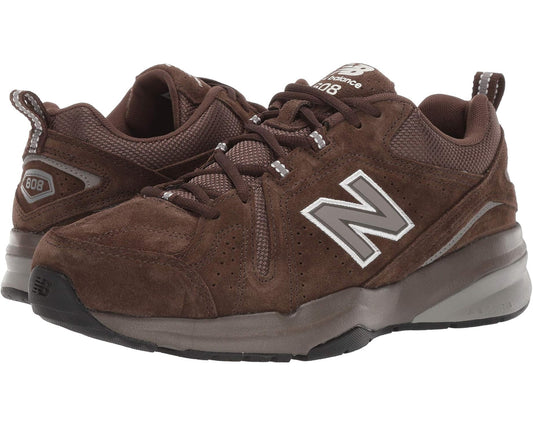 Men's New Balance 608v5 running shoes in dark brown with white N logo and laces