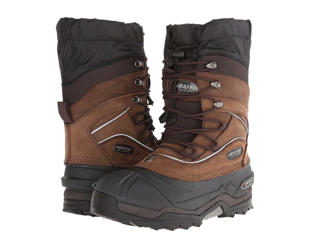 Men's winter boot, worn brown with black trim, lace-up and metal eyelets