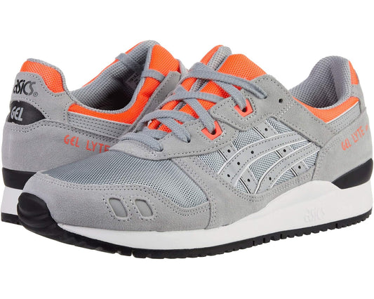 Men's ASICS Gel-Lyte III running shoe in light gray with orange accents and laces