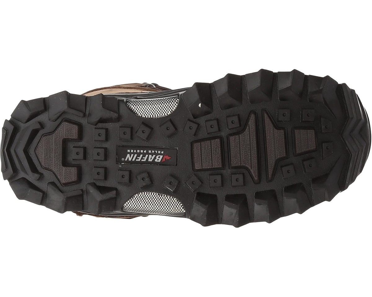 Boot outsole with rugged tread and BAFFIN logo on grippy rubber sole