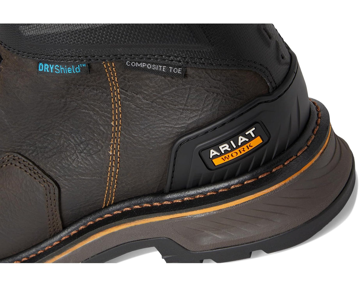 Boot upper close-up showing DryShield and composite toe labels with orange stitching