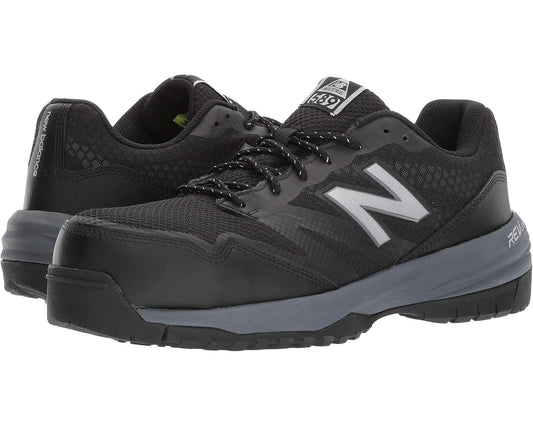 Men's New Balance safety sneaker in black and gray, lace-up with cushioned sole