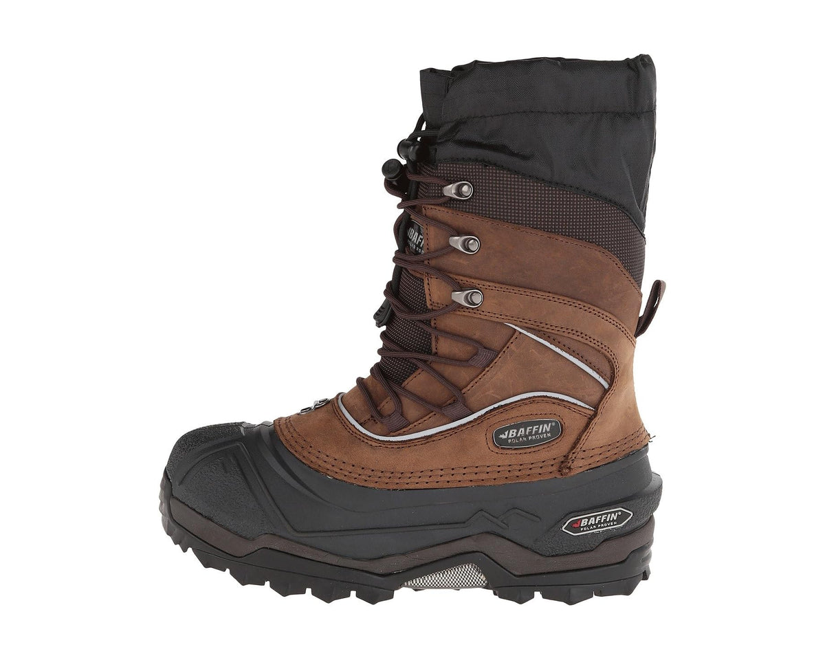 Men's winter boot, worn brown and black panels, lace-up with padded collar