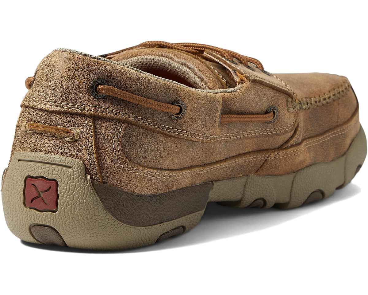Men's Twisted X work shoe heel view, tan suede with red logo patch