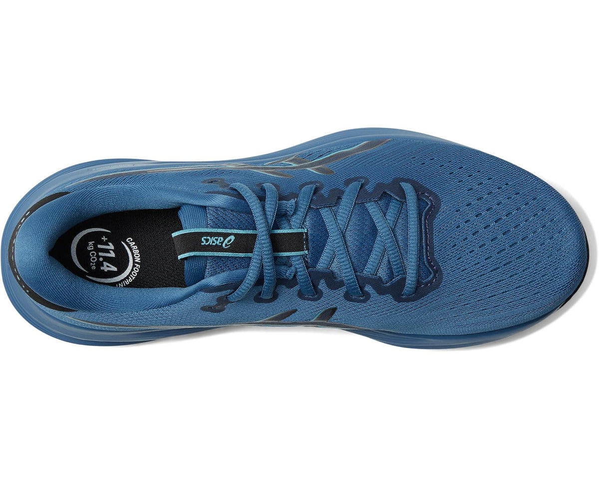Men's blue running shoe interior side view with lace-up closure and padded collar