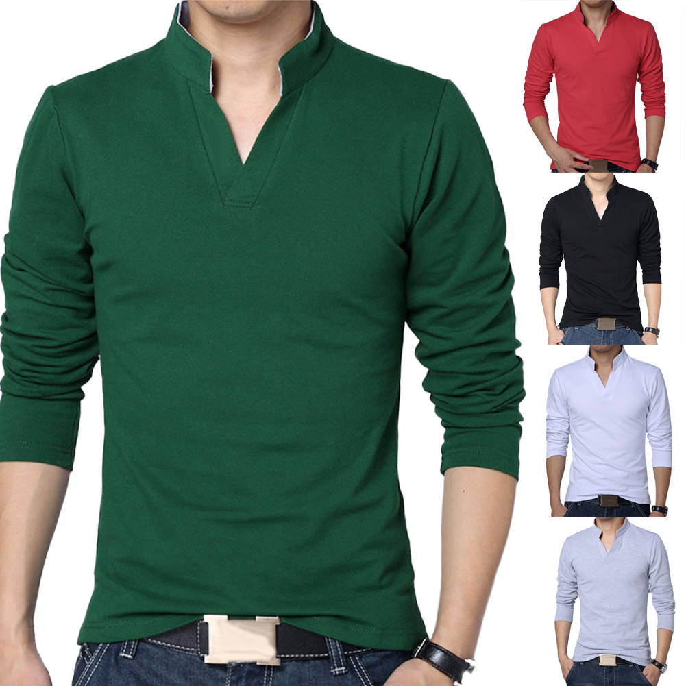 Men's long-sleeve V-neck T-shirt in green, with short button placket and slim fit