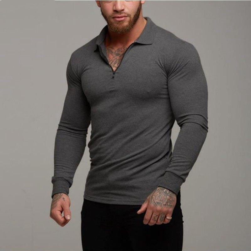 Men's long-sleeve polo shirt in dark gray with zip placket and short collar