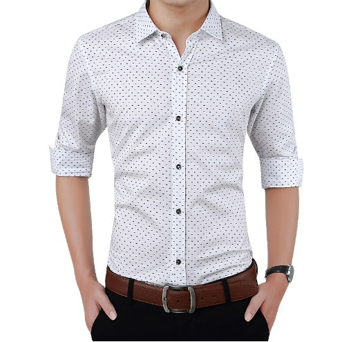 Men's white dress shirt with small dotted pattern, button-down collar, 3/4 sleeves