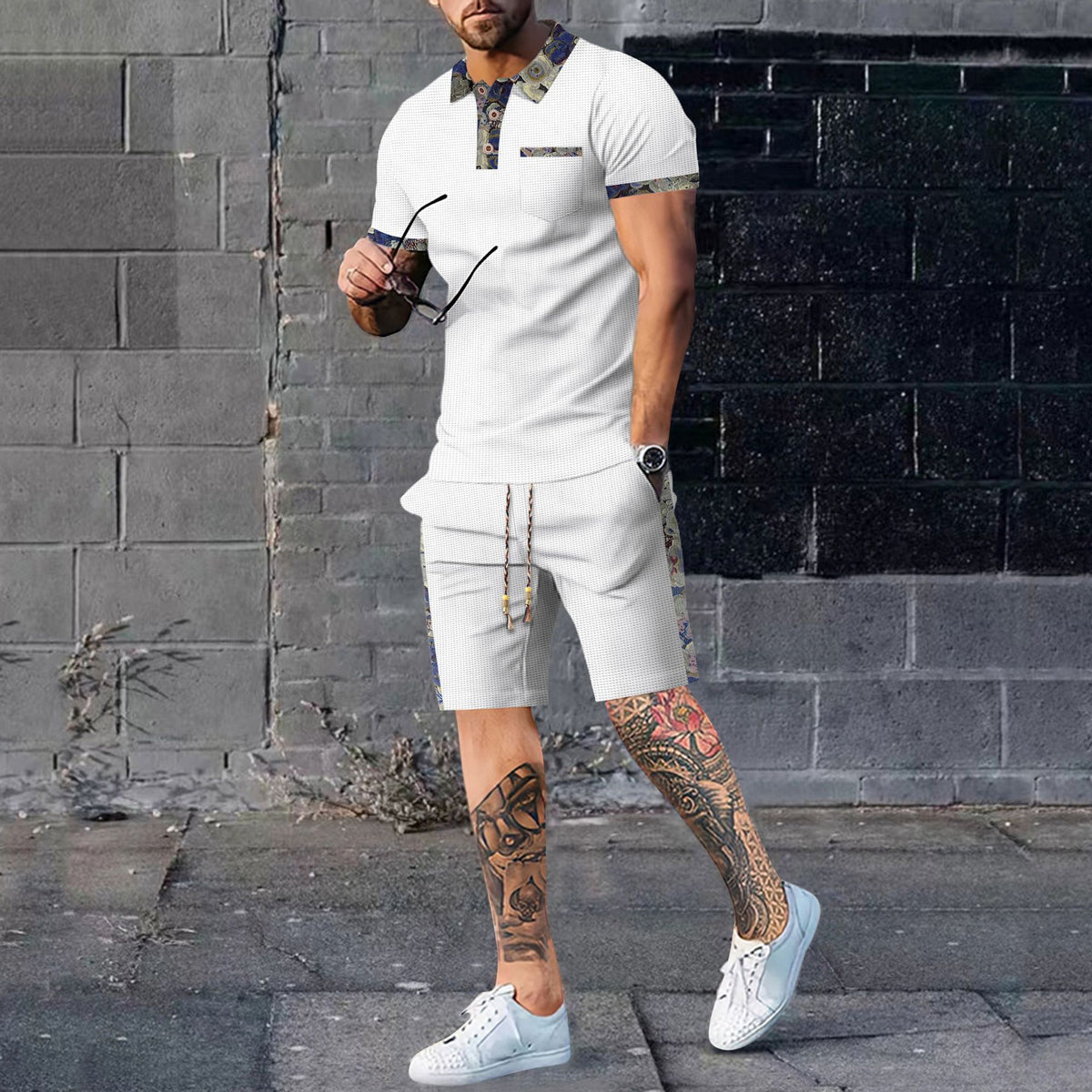 Men's casual set in cream: short-sleeve polo shirt and matching shorts