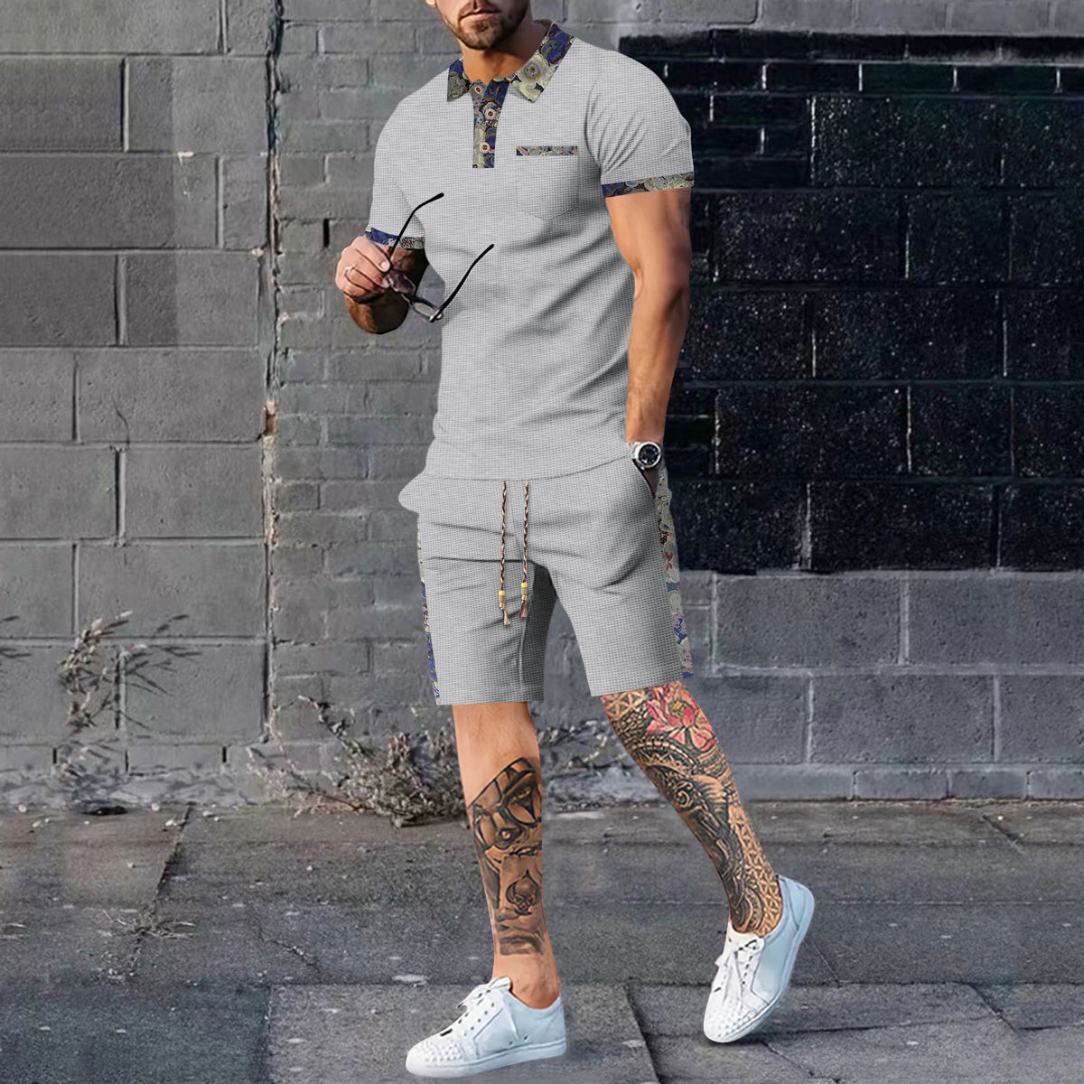 Men's casual set in gray: short-sleeve polo shirt and matching shorts
