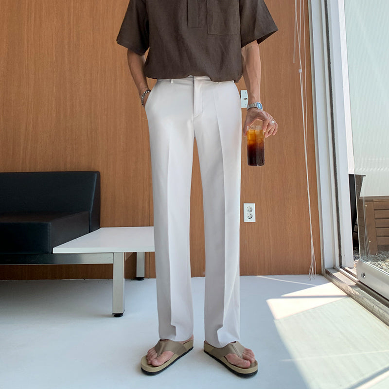 Men's loose straight trousers, white, wide-leg with belt loops and side pockets