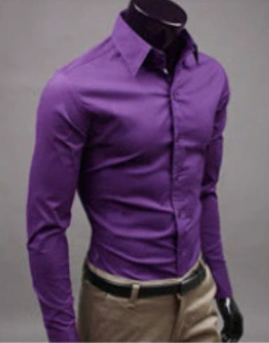 Dark purple button-up dress shirt with pointed collar and long sleeves
