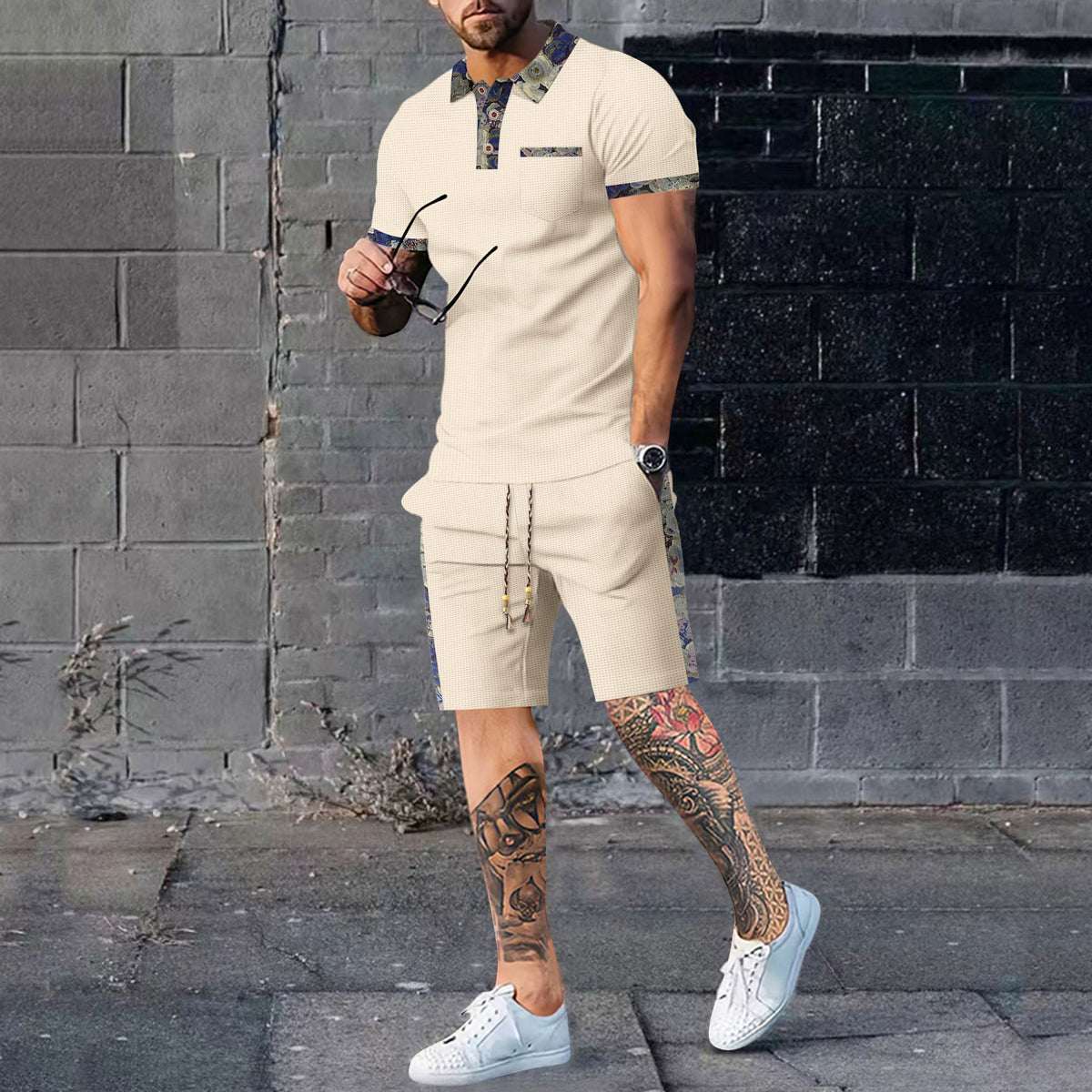 Men's casual set in light tan: short-sleeve polo shirt and matching shorts