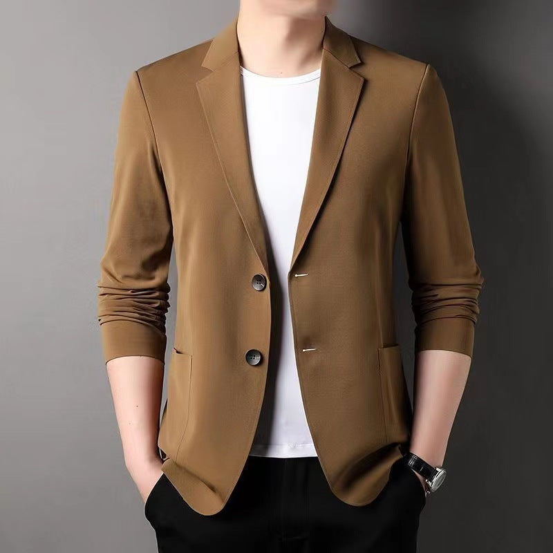 Men's camel blazer-style t-shirt with notch lapels and two-button front